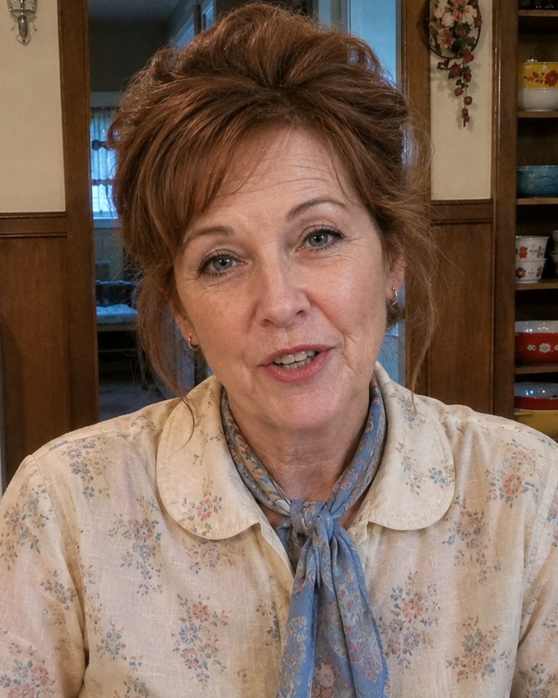 Karen in her kitchen, surrounded by vintage glass and enamelware